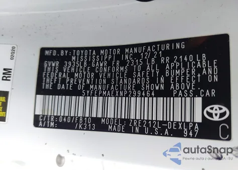 2022 Toyota Corolla Le from USA, damaged, VIN 5YFEPMAEXNP299464